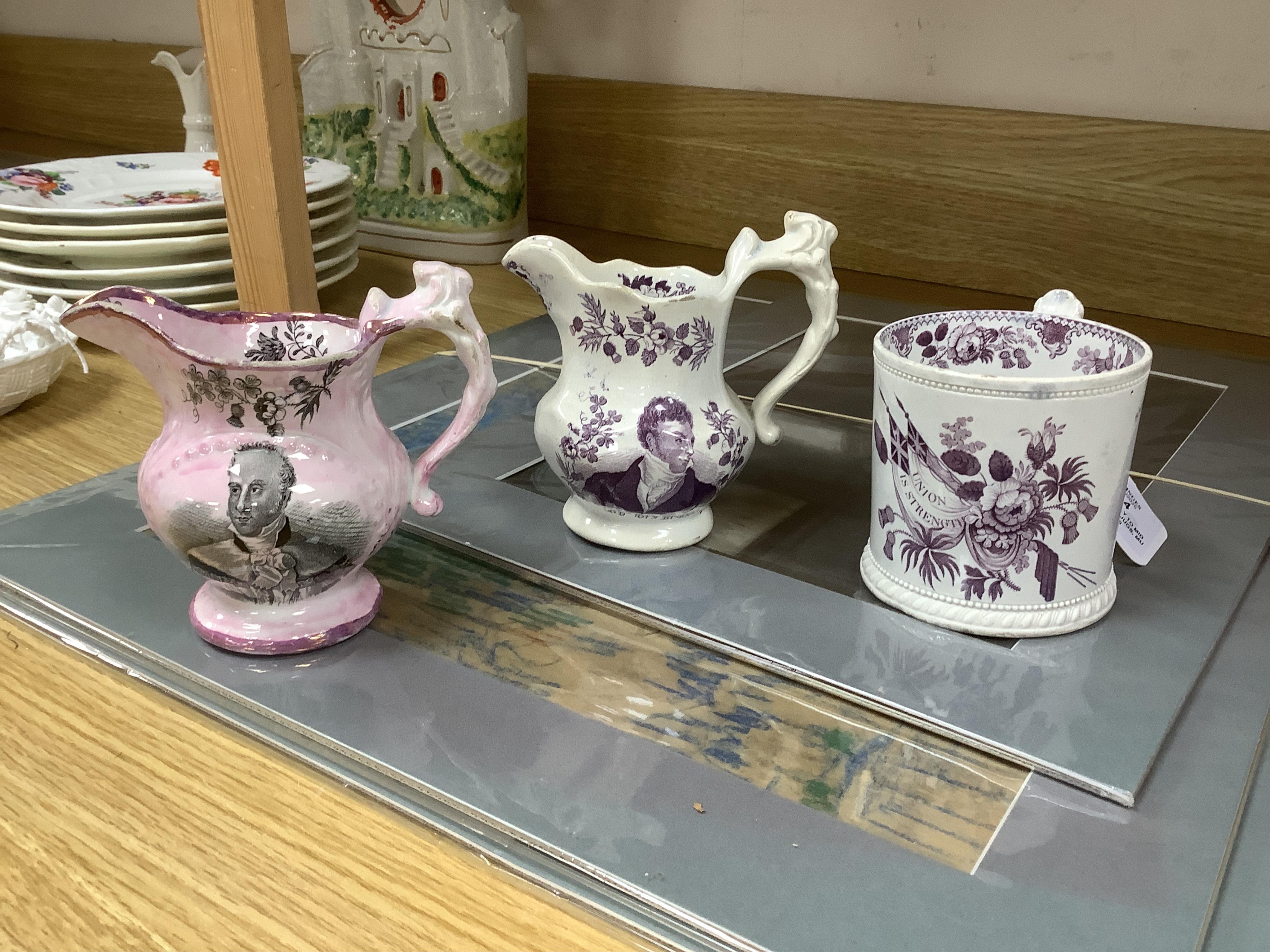 Eleven early to mid 19th century jugs, mugs and plates, all with transfer printed commemorative themes including Gladstone as Prime Minister, Queen Victoria‘s 1887 Jubilee, the Bidston Lighthouse Signals, Lord John Russe